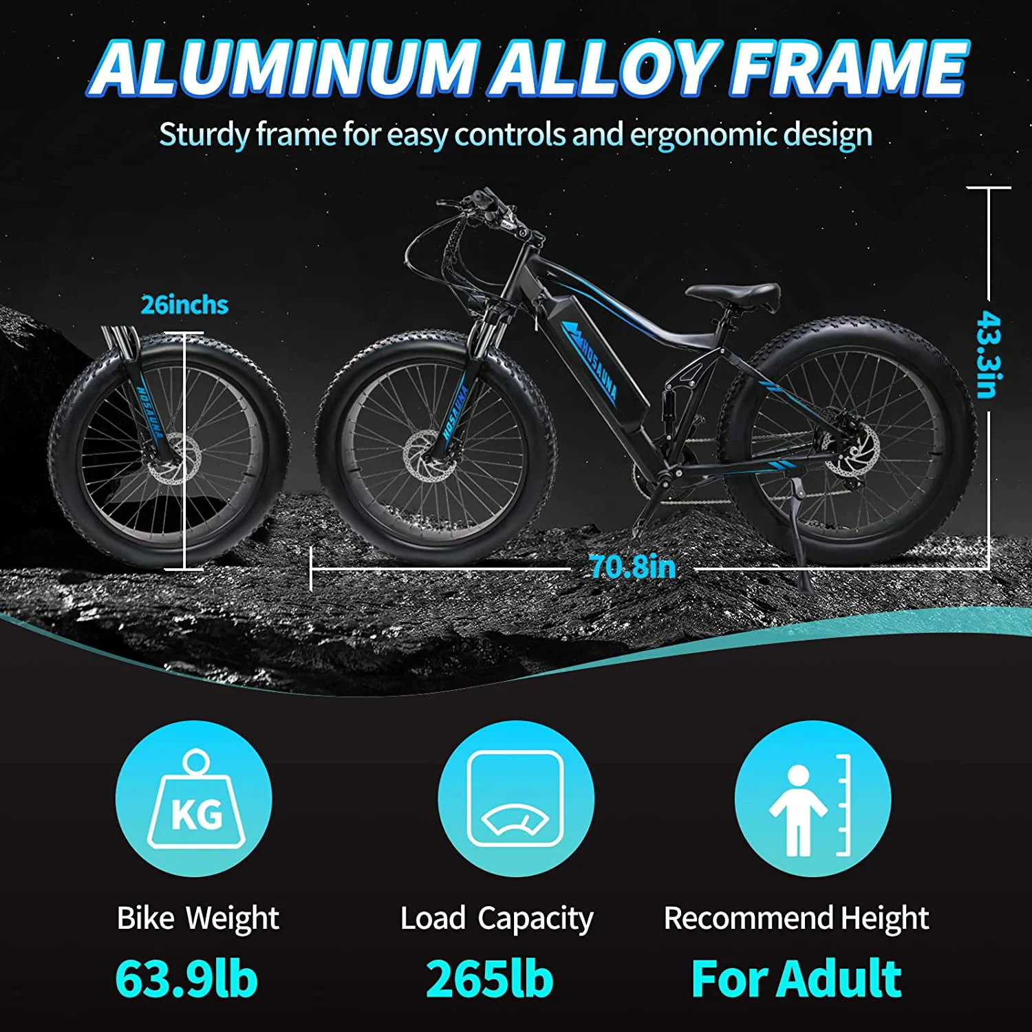 Electric Bike Electric Mountain Bike 500W Ebike26'' Fat Tire Ebike, 28+MPH Adults Ebike with Removable 48V 15Ah Battery, Shimano 6-Speed Black