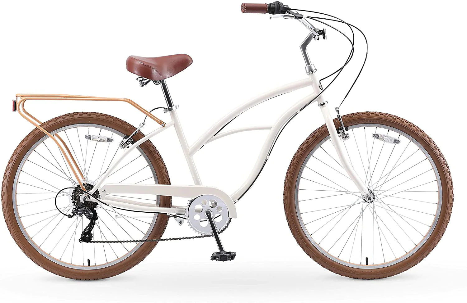 sixthreezero Around the Block Women's 7-Speed New Beach Cruiser Bicycle with Rear Rack, 26 In. Wheels, Cream Coffee with Brown Seat and Grips