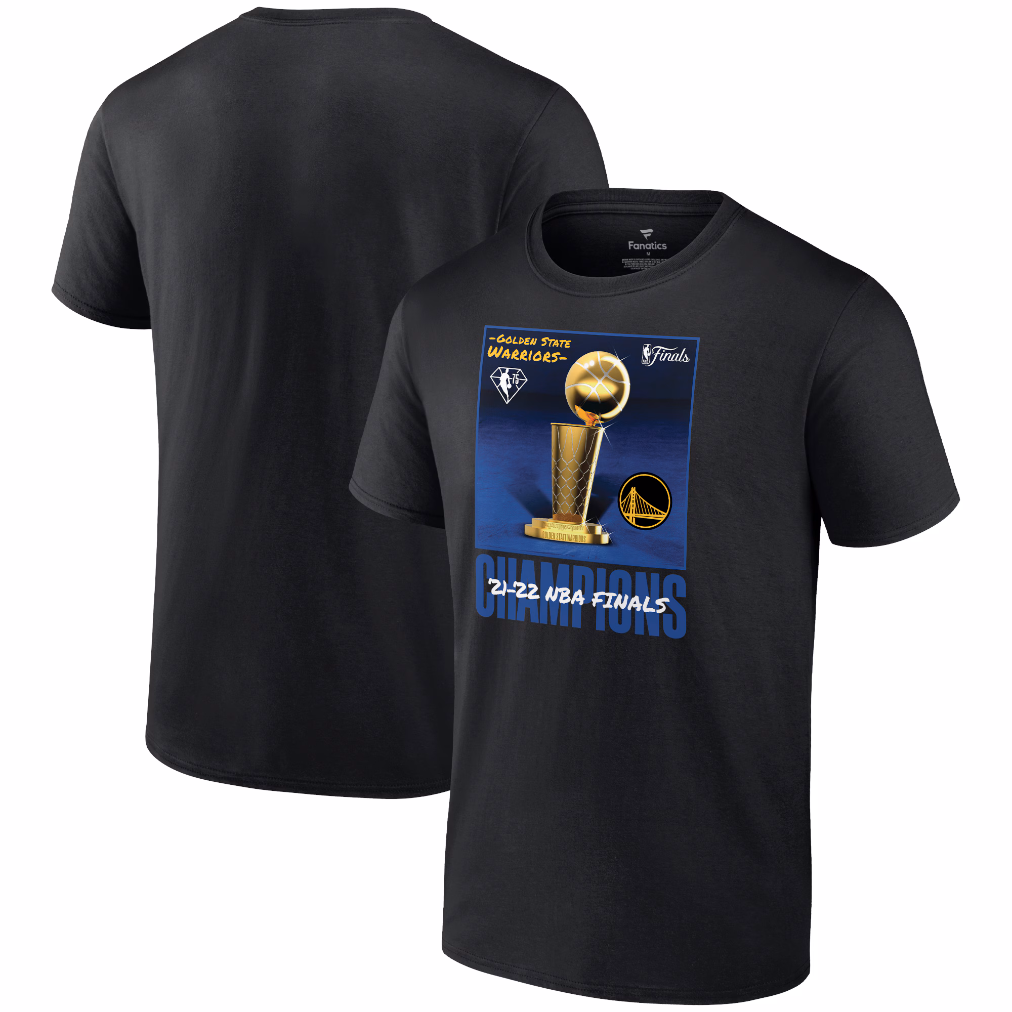 Men's Golden State Warriors Fanatics Black 2022 NBA Finals Champions 75th Anniversary Jumper Trophy T-Shirt