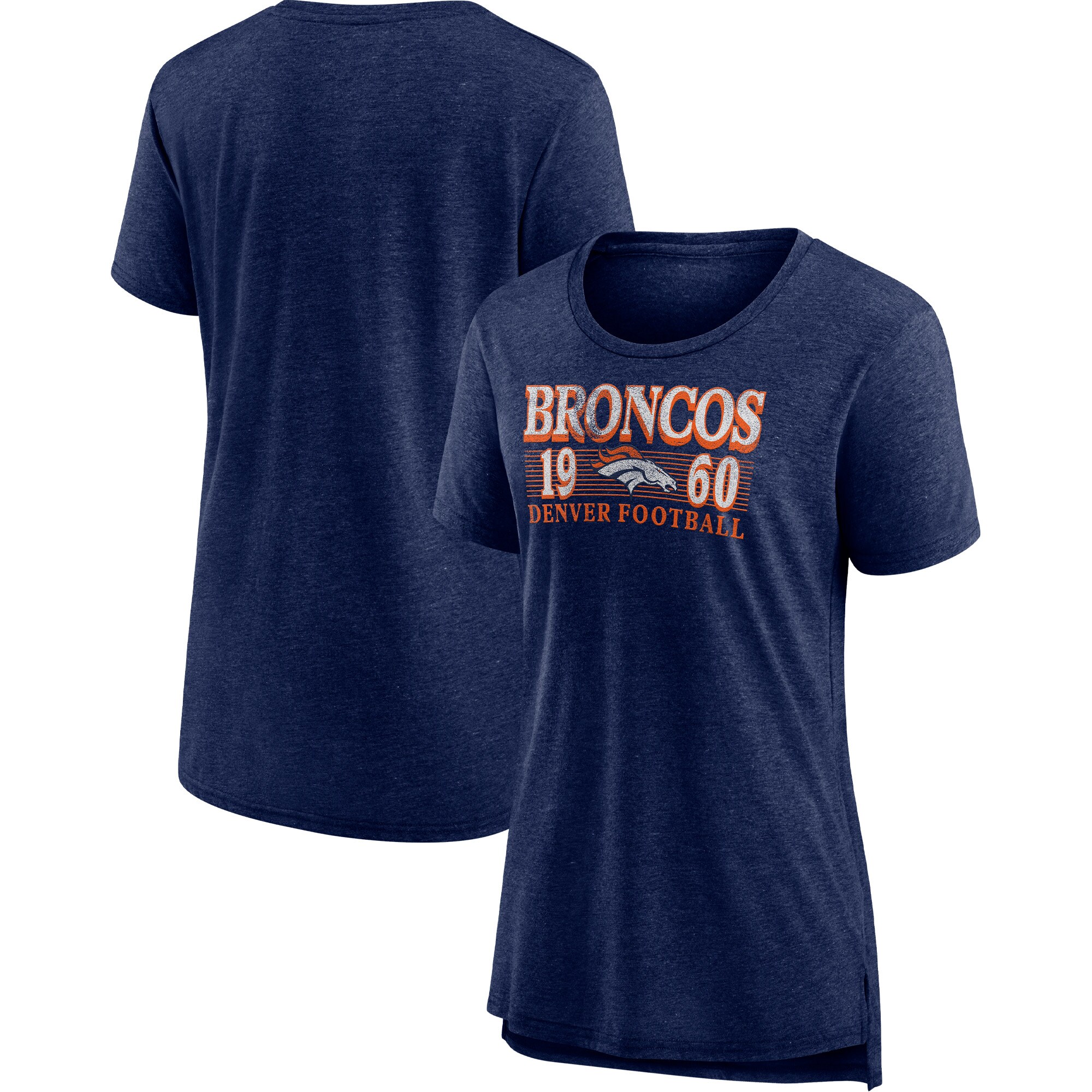 Women's Heather Navy Denver Broncos Neck And Neck Scoop Neck Tri-Blend T-Shirt
