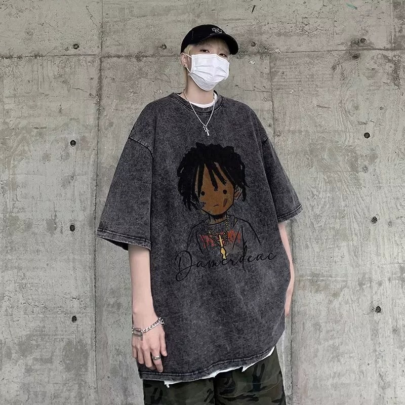 High street T-shirt men's small neckline couple's short-sleeved heavyweight American retro trendy brand three-quarter sleeves