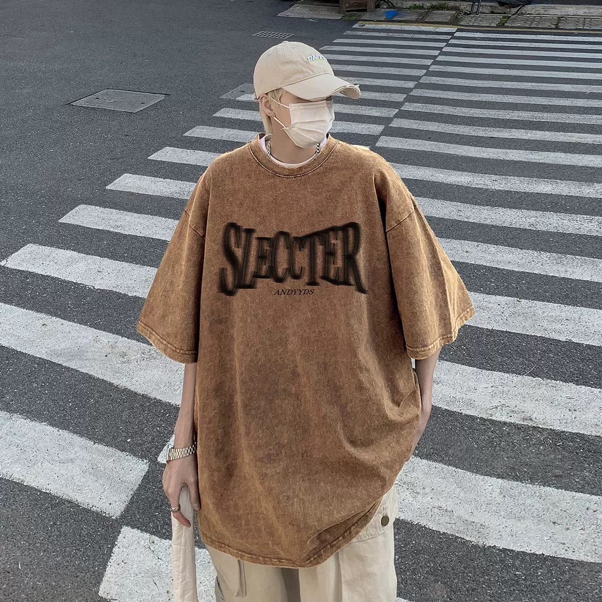 High street T-shirt men's small neckline couple's short-sleeved heavyweight American retro trendy brand three-quarter sleeves