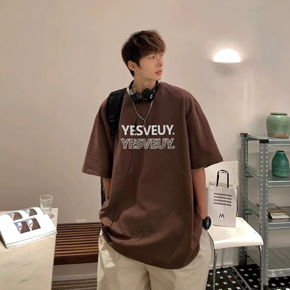 300 Heavy Dark Red T-shirt Men's Summer American Retro Small Neck Short Sleeve Trendy Fashion Brand Couple Outfit Half Sleeve