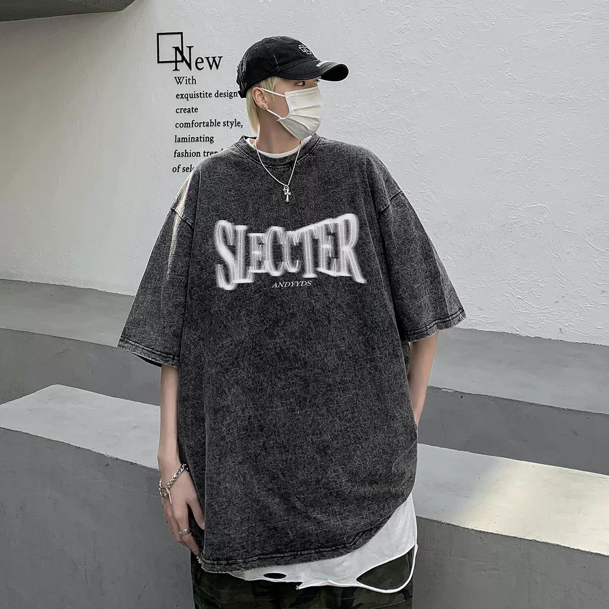 High street T-shirt men's small neckline couple's short-sleeved heavyweight American retro trendy brand three-quarter sleeves