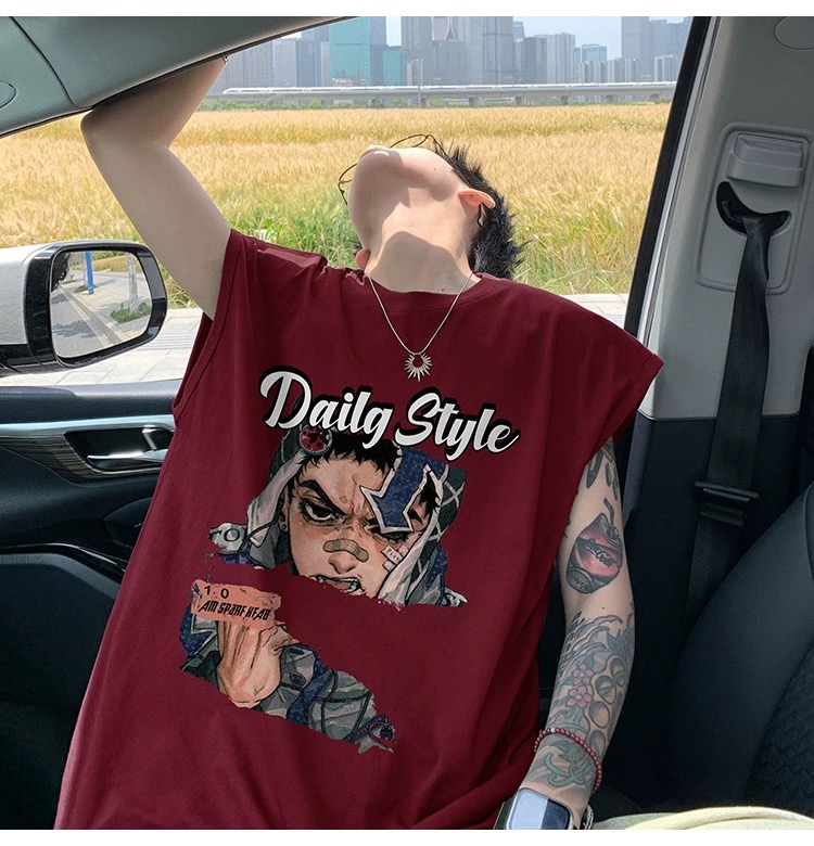 American high street pure cotton sleeveless t-shirt men's summer loose trendy brand wide shoulder vest boys waistcoat short sleeve