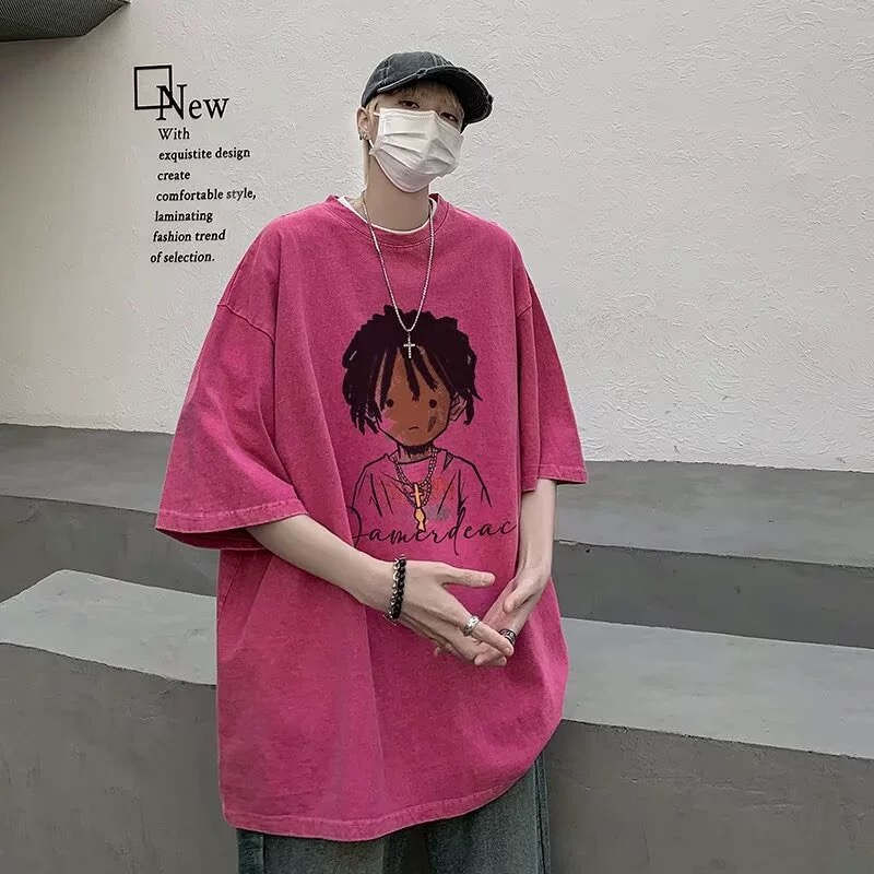 High street T-shirt men's small neckline couple's short-sleeved heavyweight American retro trendy brand three-quarter sleeves