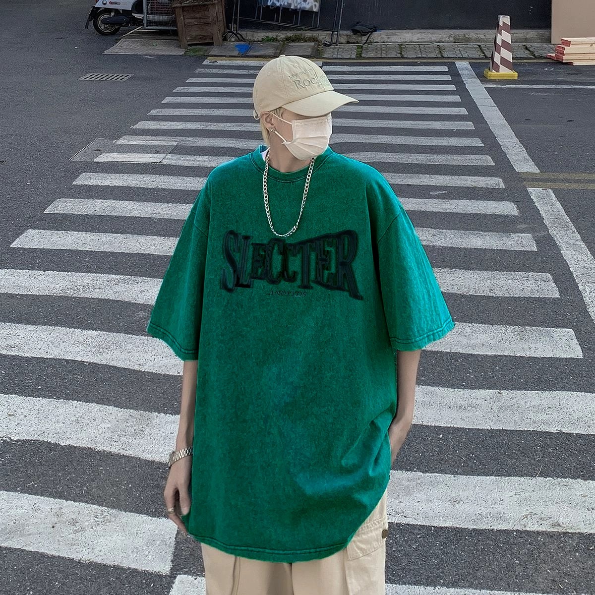 High street T-shirt men's small neckline couple's short-sleeved heavyweight American retro trendy brand three-quarter sleeves