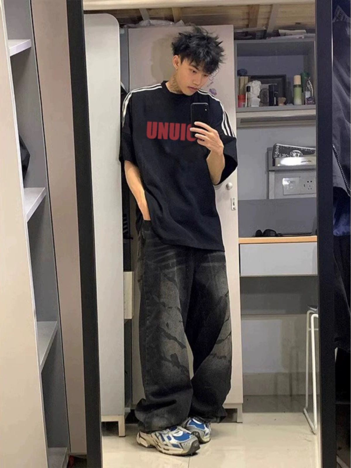 American letter print summer ins trendy three-bar short-sleeved T-shirt men's loose casual cotton T-shirt top clothes