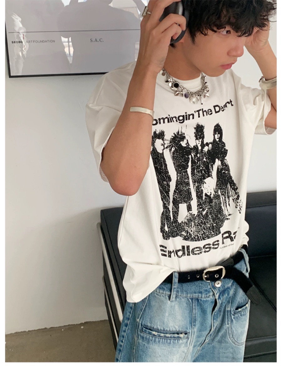 Retro portrait silhouette milky white heavy cotton new style niche handsome Hong Kong style OOTD short-sleeved T-shirt men's summer