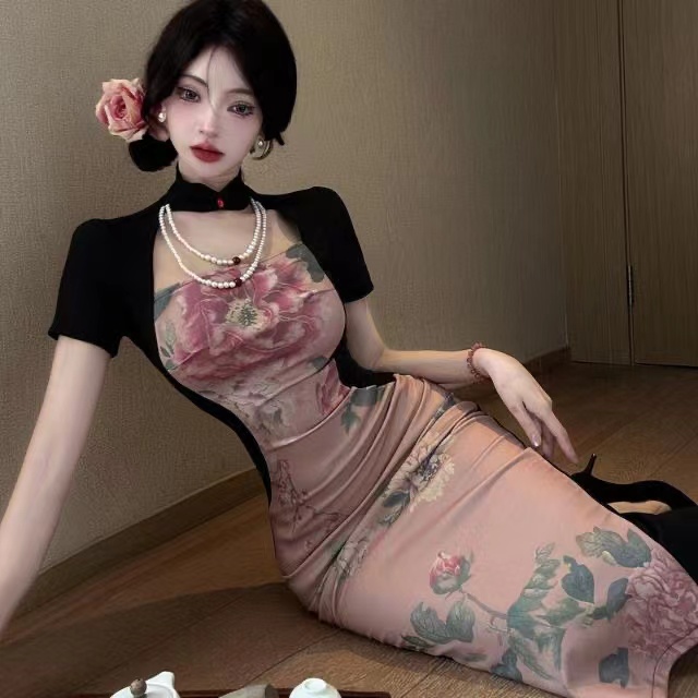 New Chinese style improved stand collar cheongsam dress women's medium and long national style skirt color matching print waist hip long skirt