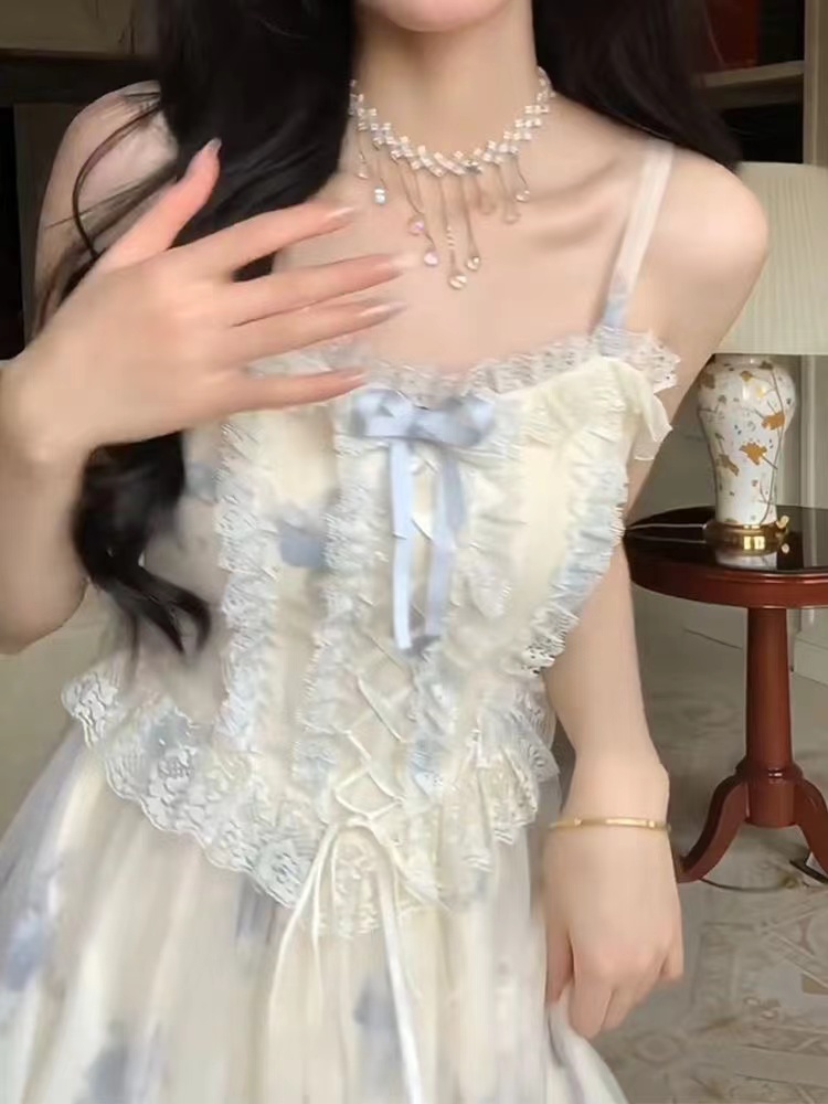 French style suspender dress suit soft girl summer new gentle outer wear sunscreen top floral skirt two-piece suit