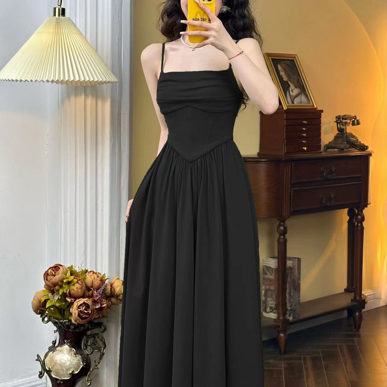 Maillard summer dress slim short-sleeved temperament long skirt female 2024 new slim French waist large swing skirt