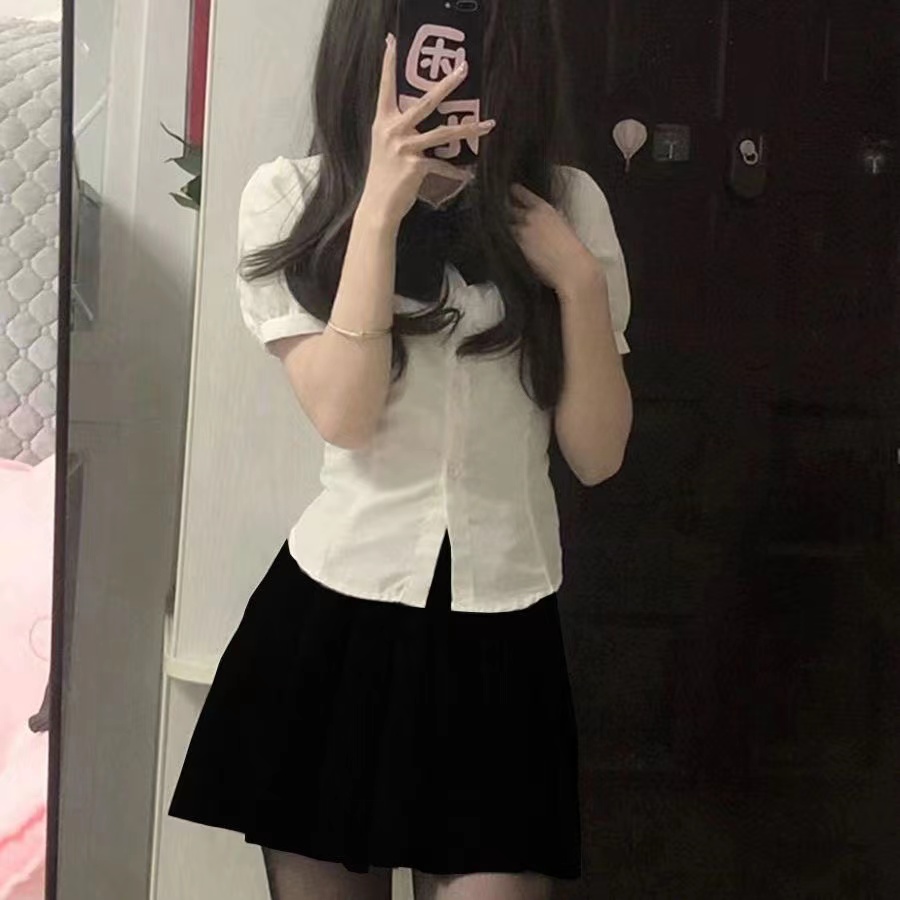 Suit women's jk uniform waist thin shirt top summer short-sleeved college bubble shirt three-piece suit all-match trend