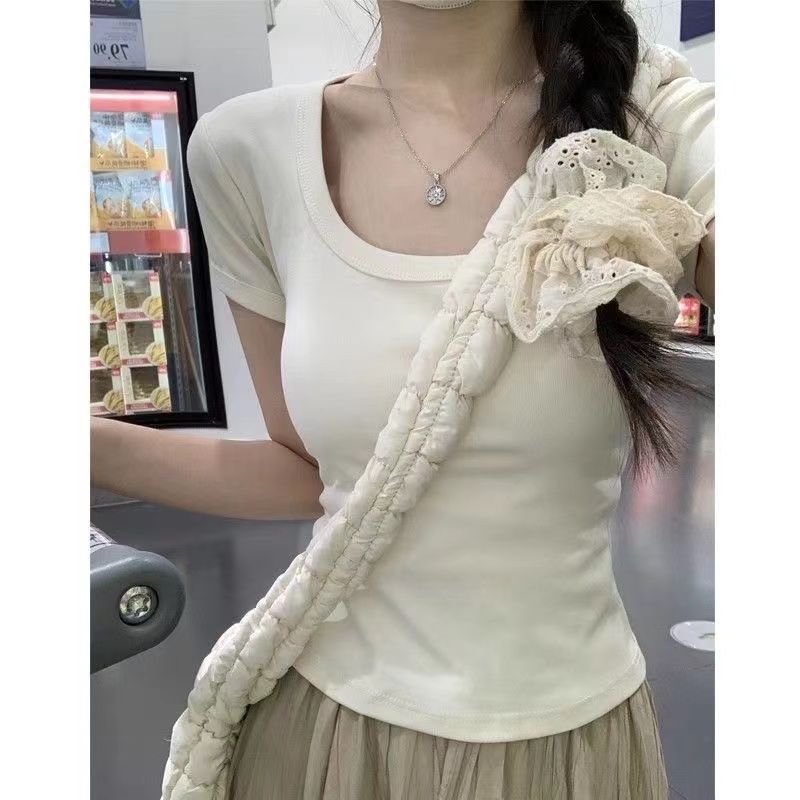 Pure desire square collar short-sleeved T-shirt women's summer 2024 new pure cotton straight shoulder sweet hot chic short tea art top