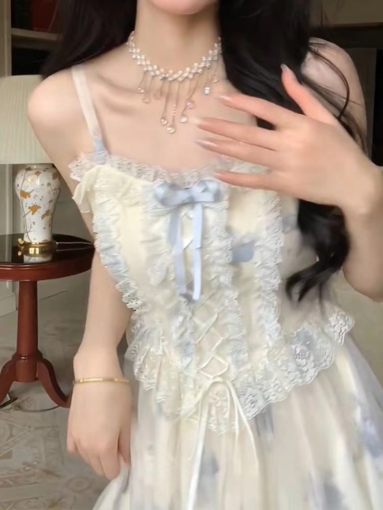 French style suspender dress suit soft girl summer new gentle outer wear sunscreen top floral skirt two-piece suit