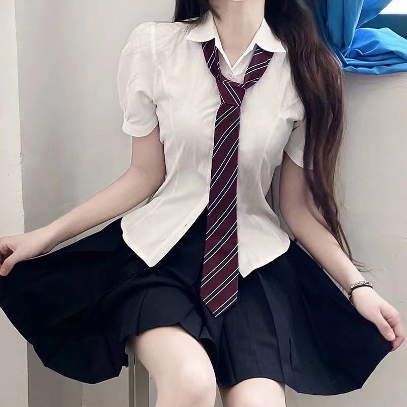Suit women's jk uniform waist thin shirt top summer short-sleeved college bubble shirt three-piece suit all-match trend