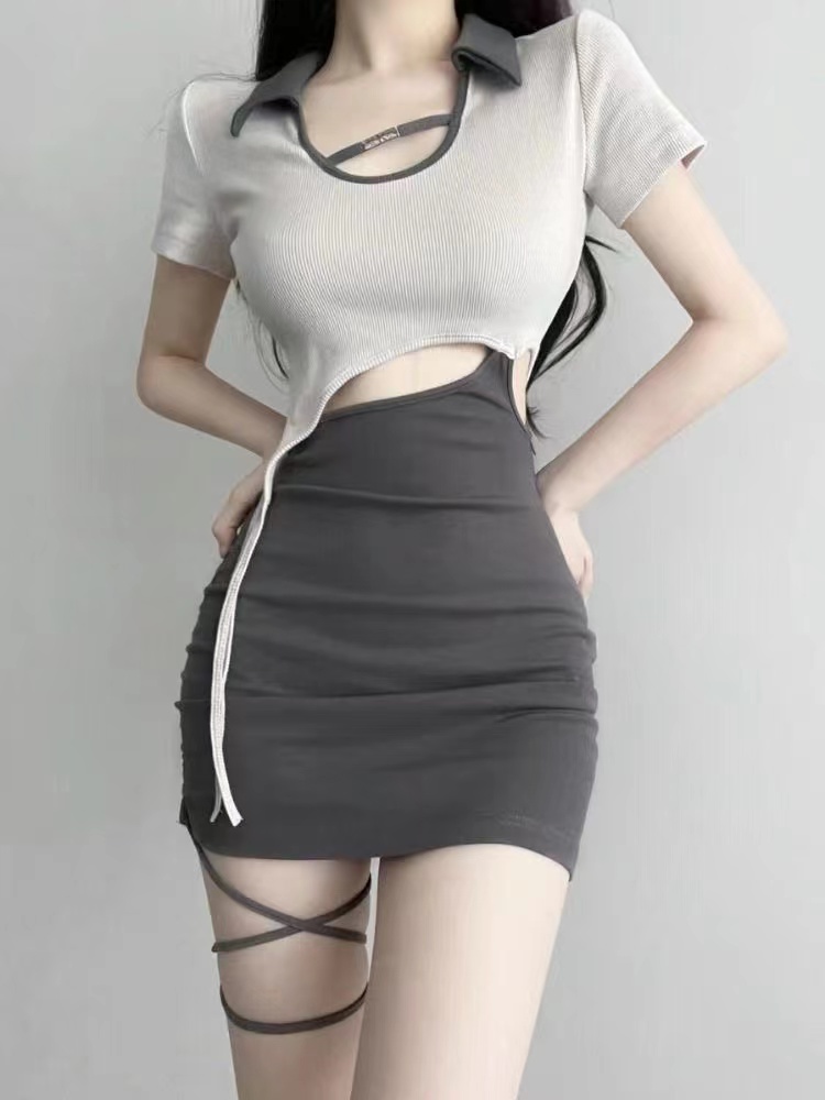 Pure desire style hollow slimming dress hot girl strap hip skirt sexy waist irregular splicing short skirt
