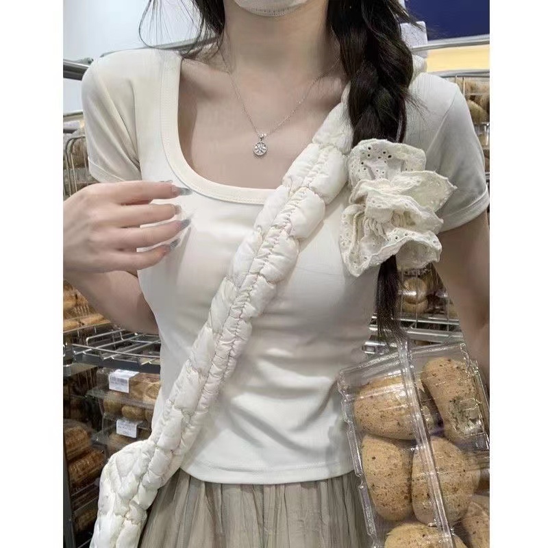 Pure desire square collar short-sleeved T-shirt women's summer 2024 new pure cotton straight shoulder sweet hot chic short tea art top