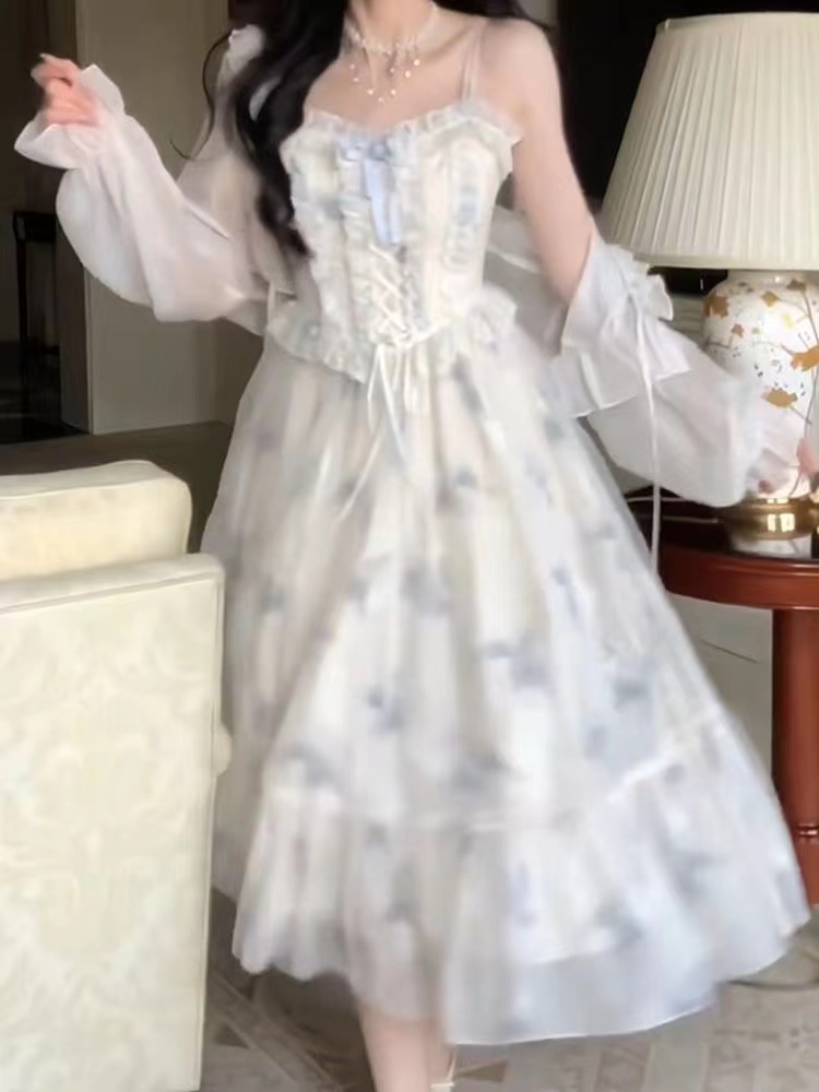 French style suspender dress suit soft girl summer new gentle outer wear sunscreen top floral skirt two-piece suit