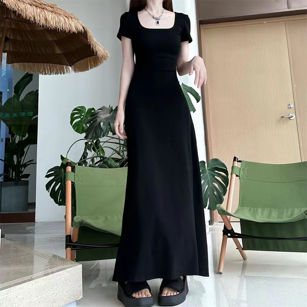 Maillard summer dress slim short-sleeved temperament long skirt female 2024 new slim French waist large swing skirt