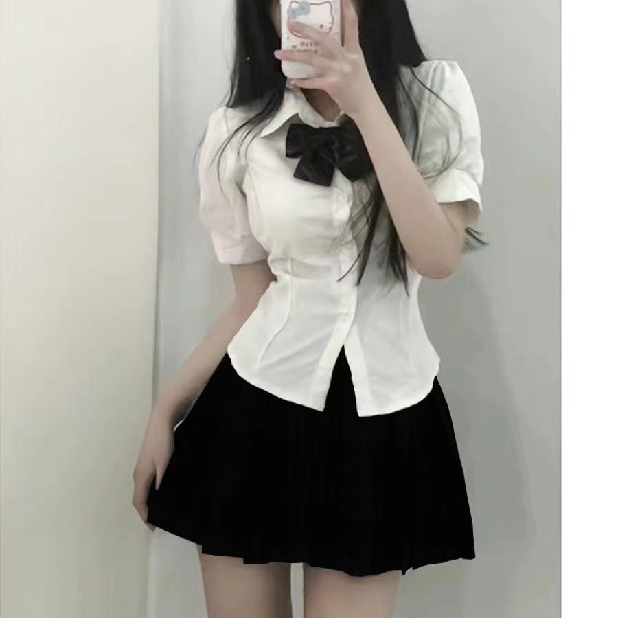 Suit women's jk uniform waist thin shirt top summer short-sleeved college bubble shirt three-piece suit all-match trend