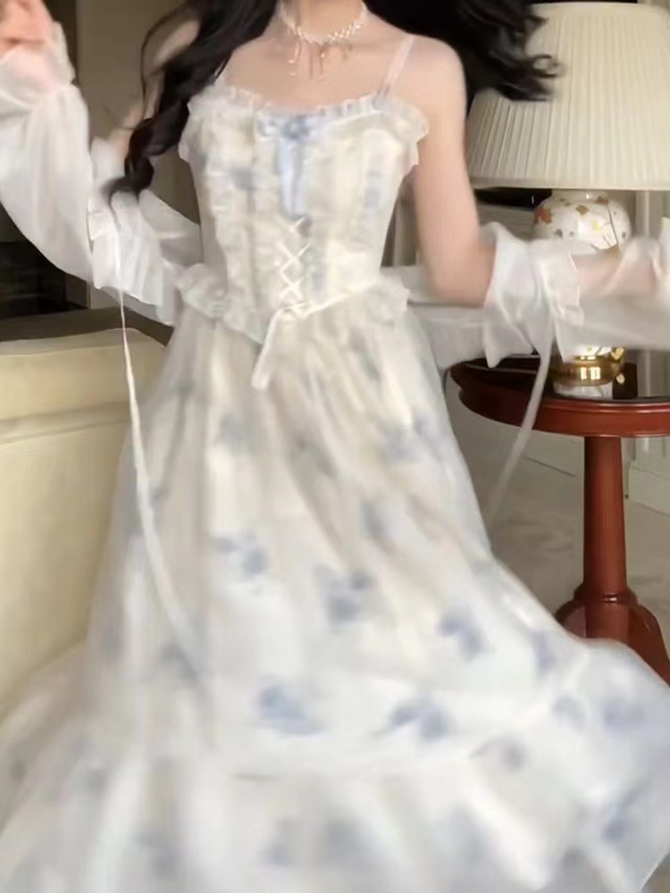 French style suspender dress suit soft girl summer new gentle outer wear sunscreen top floral skirt two-piece suit