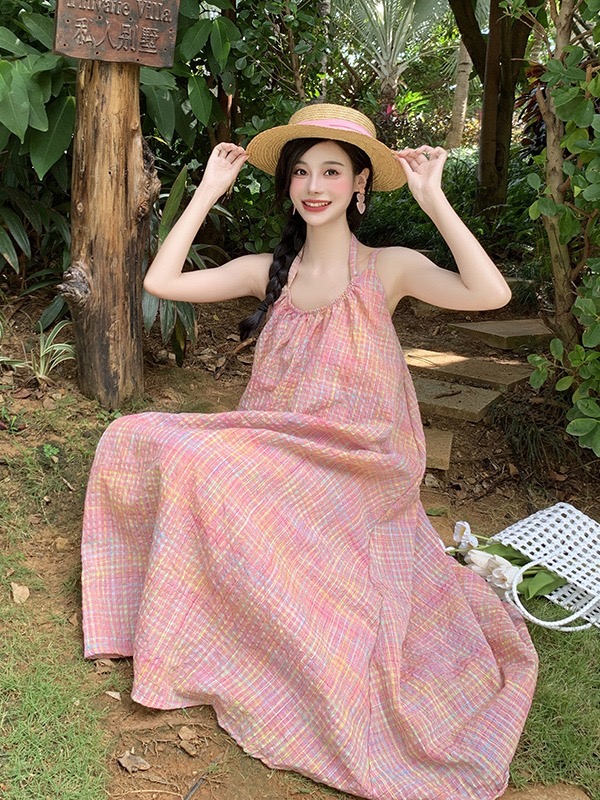 Pink suspender dress for women summer skirt dopamine seaside mid-length skirt sweet lazy style loose suspender skirt