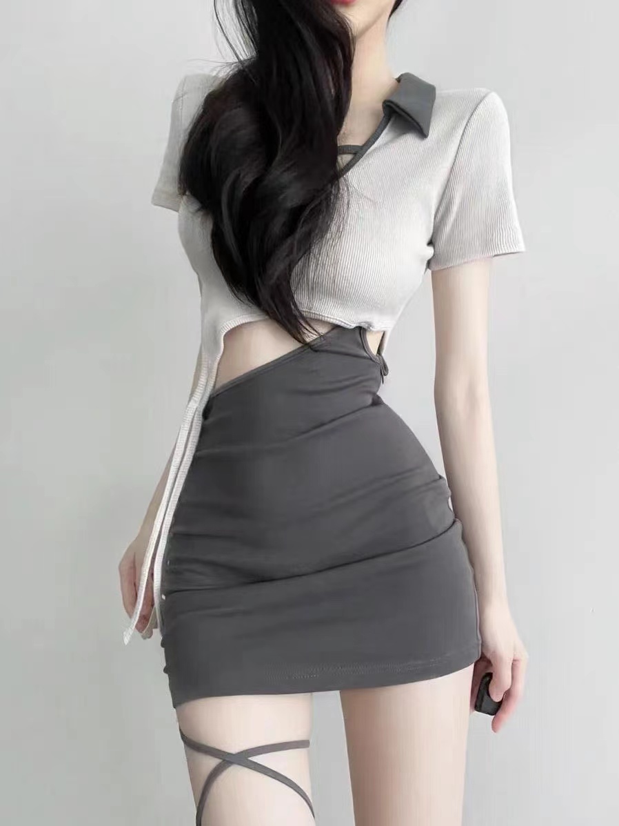 Pure desire style hollow slimming dress hot girl strap hip skirt sexy waist irregular splicing short skirt