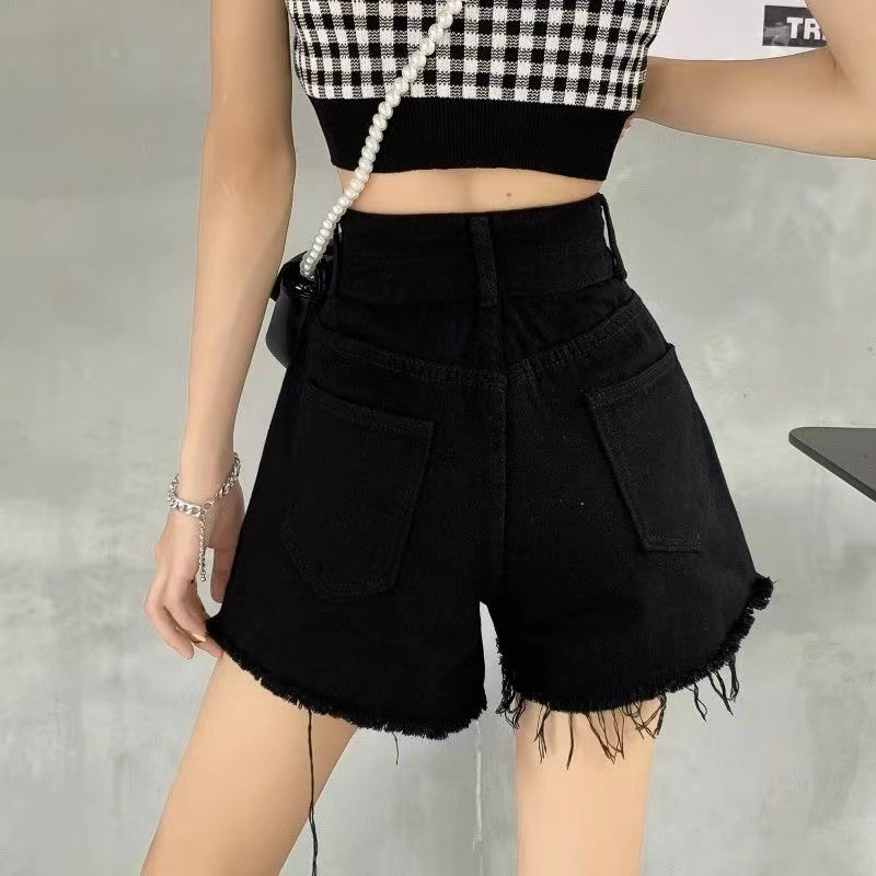 Black high waist ripped denim shorts women summer 2024 new summer loose wide leg slim raw edge a-line hot pants