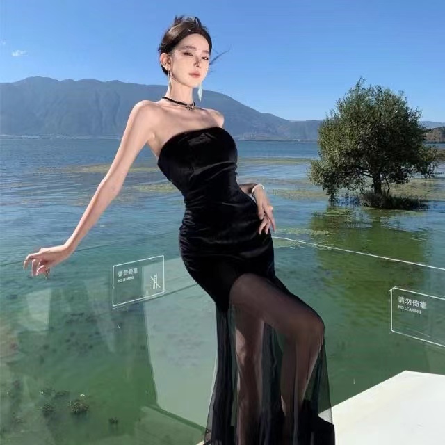 Temperament hot girl mesh design halter neck tube top dress female summer pure desire backless slim long A-line skirt