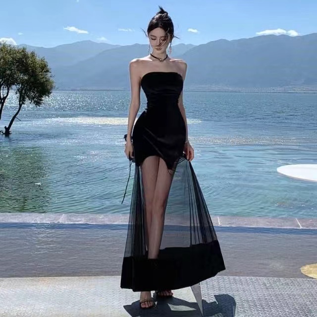 Temperament hot girl mesh design halter neck tube top dress female summer pure desire backless slim long A-line skirt