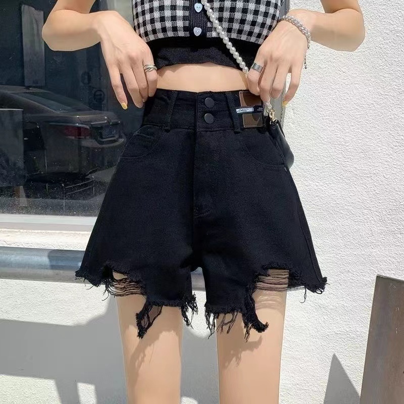 Black high waist ripped denim shorts women summer 2024 new summer loose wide leg slim raw edge a-line hot pants