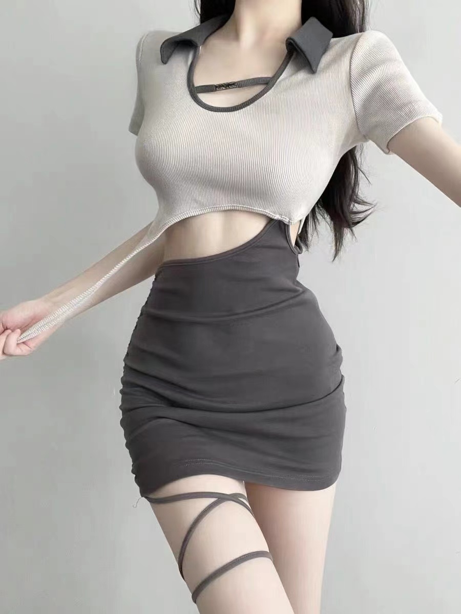 Pure desire style hollow slimming dress hot girl strap hip skirt sexy waist irregular splicing short skirt