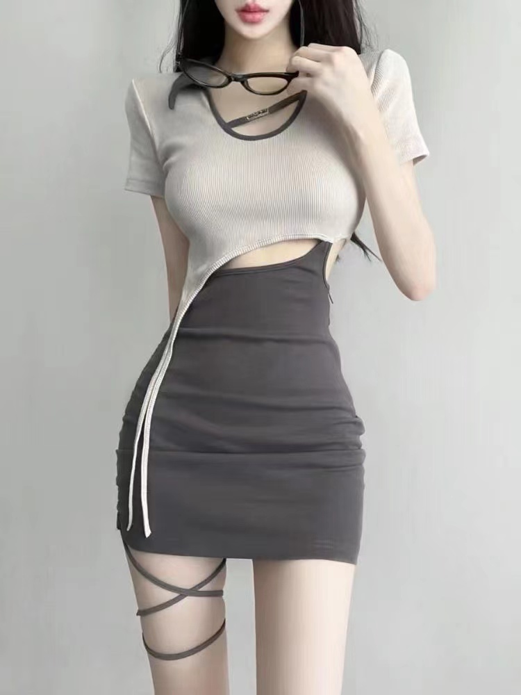 Pure desire style hollow slimming dress hot girl strap hip skirt sexy waist irregular splicing short skirt