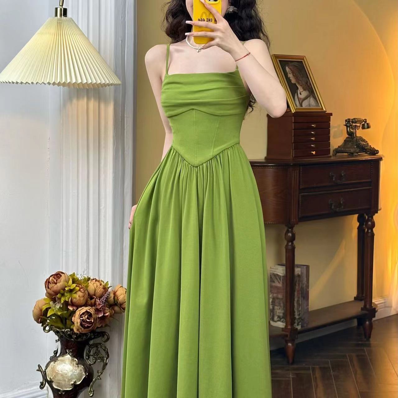 Maillard summer dress slim short-sleeved temperament long skirt female 2024 new slim French waist large swing skirt