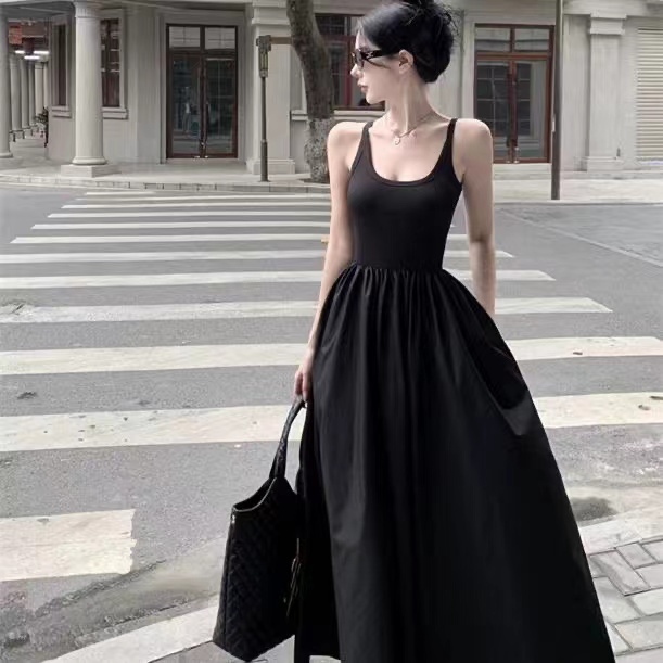 Maillard summer dress slim short-sleeved temperament long skirt female 2024 new slim French waist large swing skirt