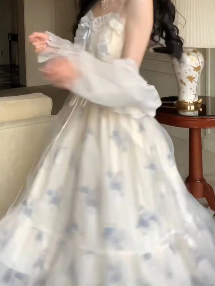 French style suspender dress suit soft girl summer new gentle outer wear sunscreen top floral skirt two-piece suit