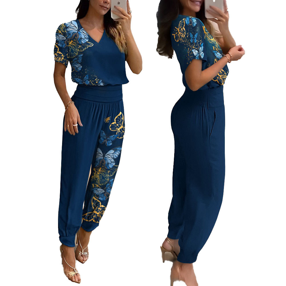 Women's Fashion Casual V-Neck Printed Short-Sleeved Trousers Set Two-Piece Set