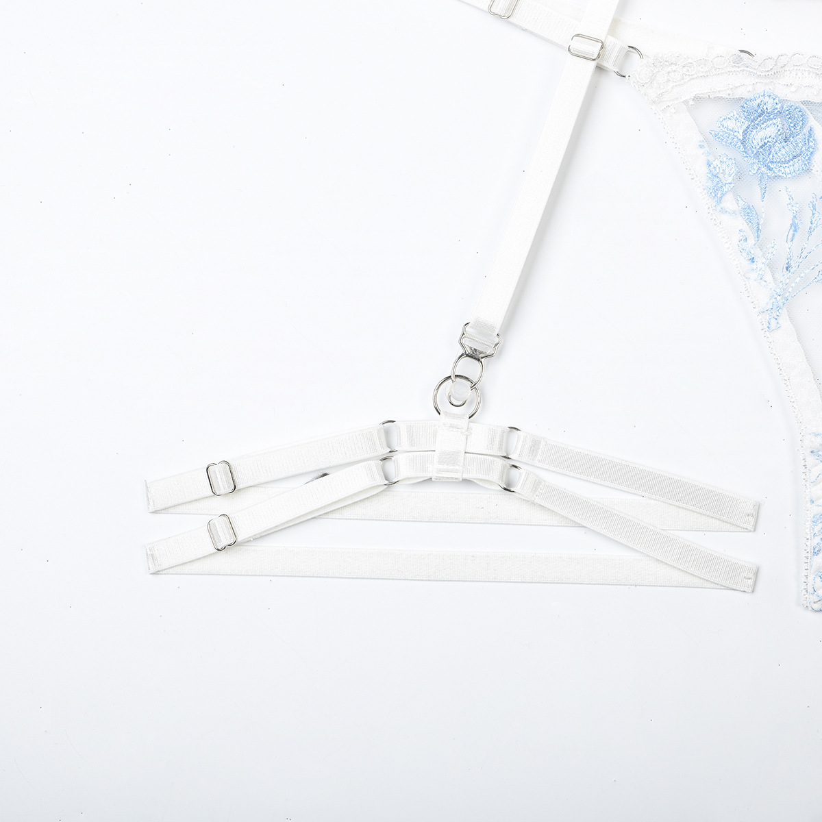 Flower embroidery mesh Patchwork sling Halter Neck sexy lingerie four-piece set for women