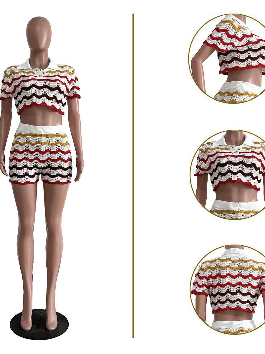 Women Knitting Casual Stripe Short Sleeve Top and Shorts Two Piece Set