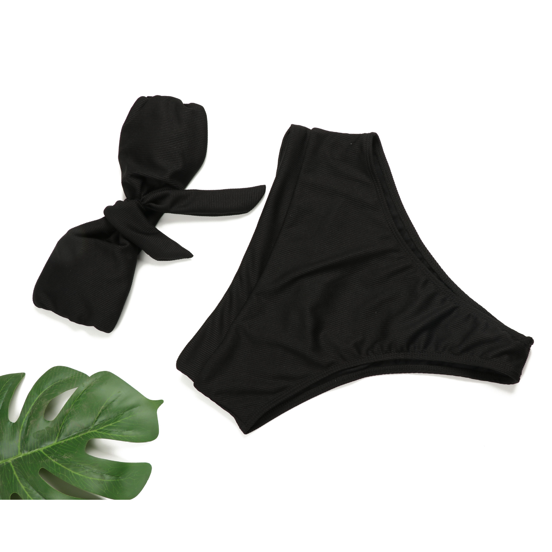 High Waist Women Two Pieces Bikini Strapless Ribbed Swimsuit