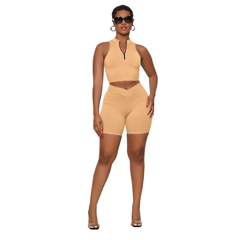 Women Summer Solid Sleeveless Zipper Collar Crop Top and Shorts Two Piece Set