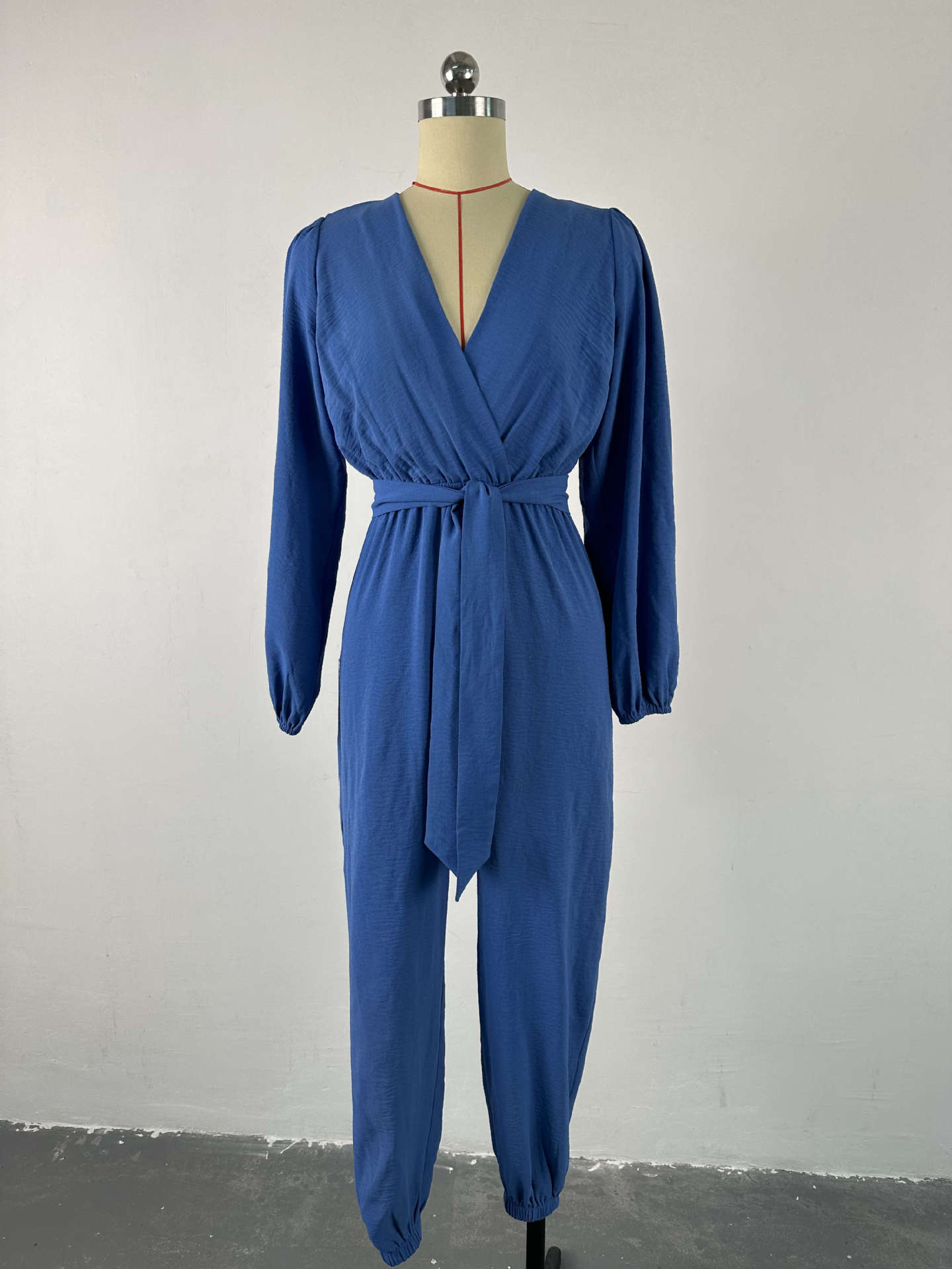 Women's summer wash wrinkled v-neck long-sleeved tie-up high waist jumpsuit