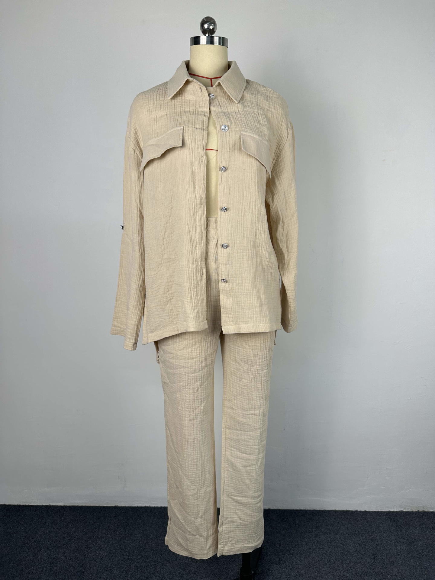 Plus Size Women's Double Crepe Oversized Turndown Collar Long Sleeve Set