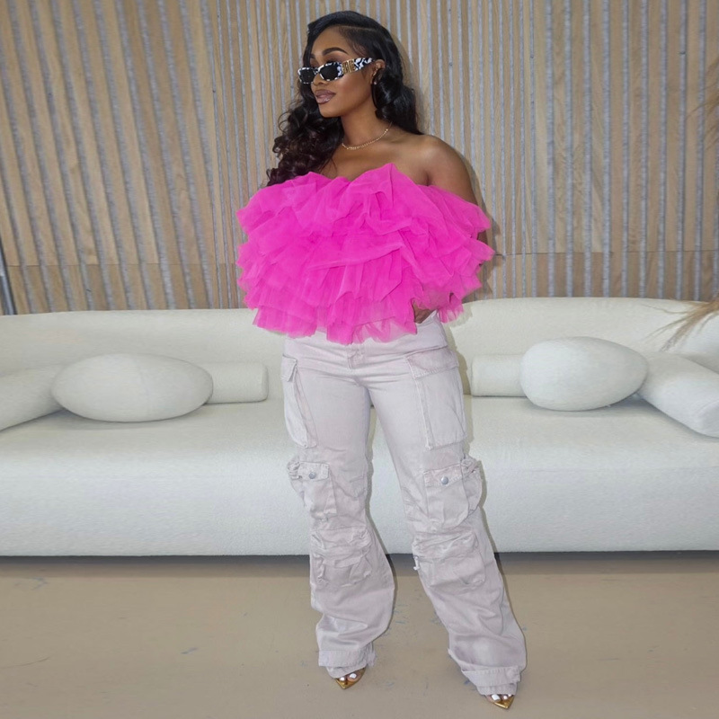 Women Layered Puff Petal Mesh Sleeveless Backless Strapless Top