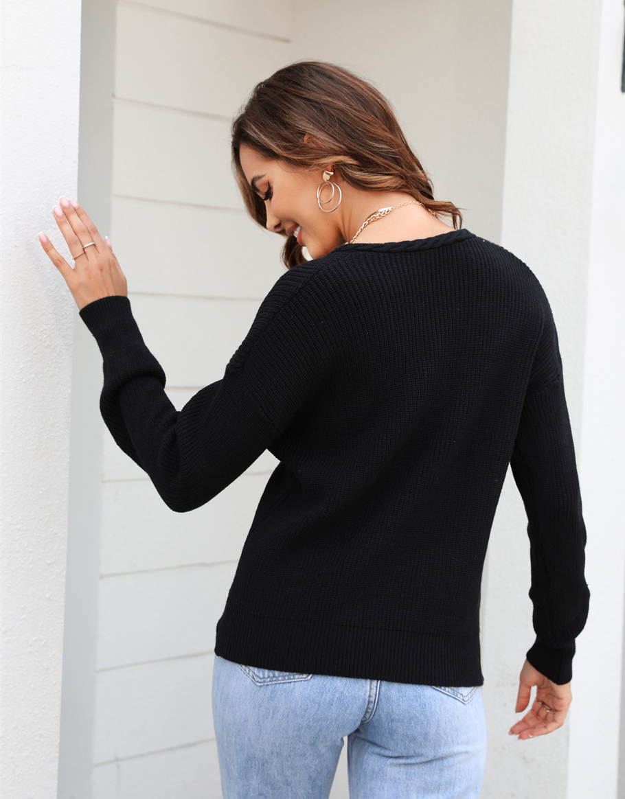 Women v-neck twist knittin sweater