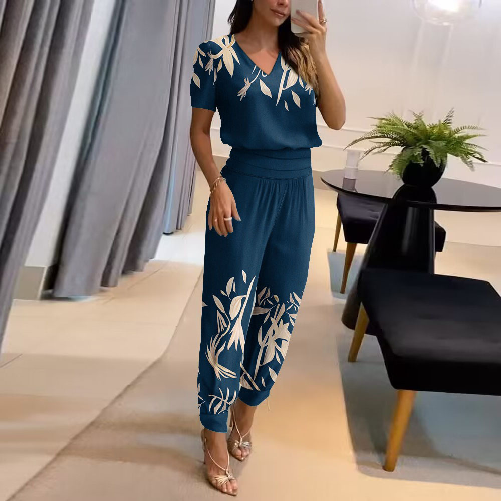 Women's Fashion Casual V-Neck Printed Short-Sleeved Trousers Set Two-Piece Set