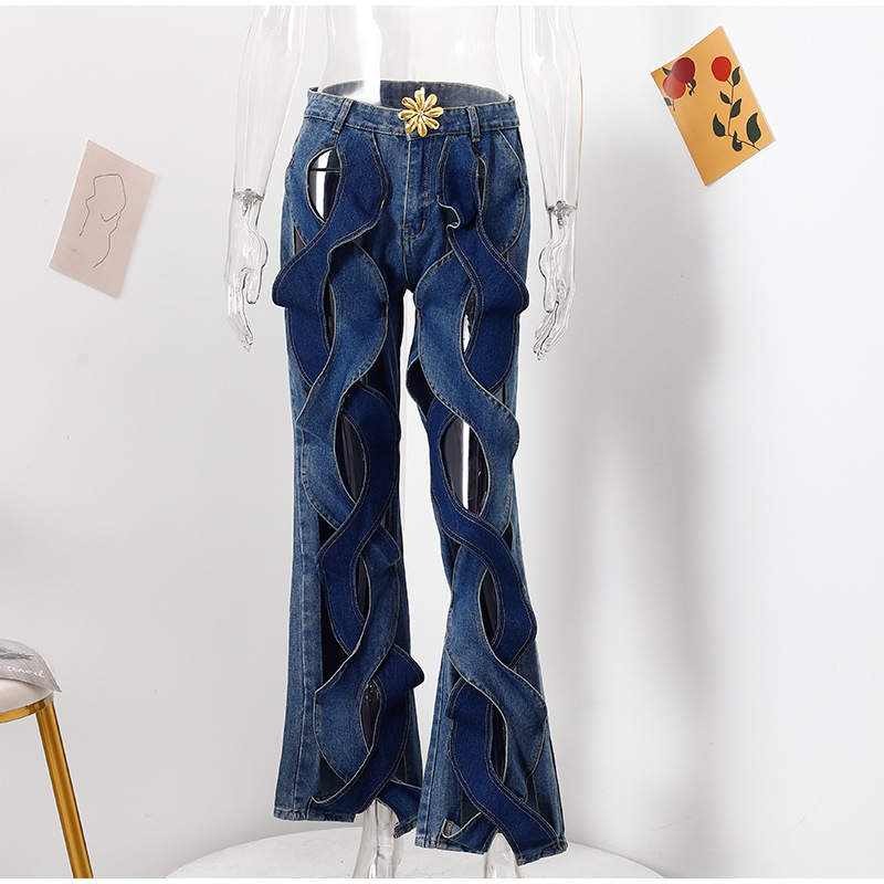Women Summer Casual Cutout Metal Buckle Denim Pants