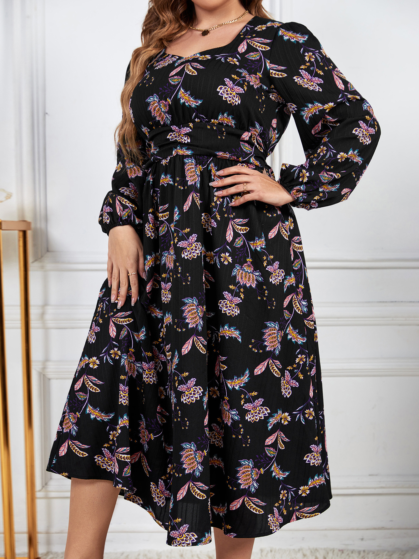 Printed Loose Chic Slim Waist Slim Fit High Waist Long Sleeve Floral Dress Women