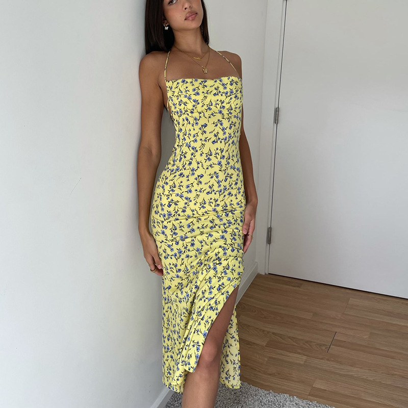 Summer sexy floral straps slit Low Back women's dress